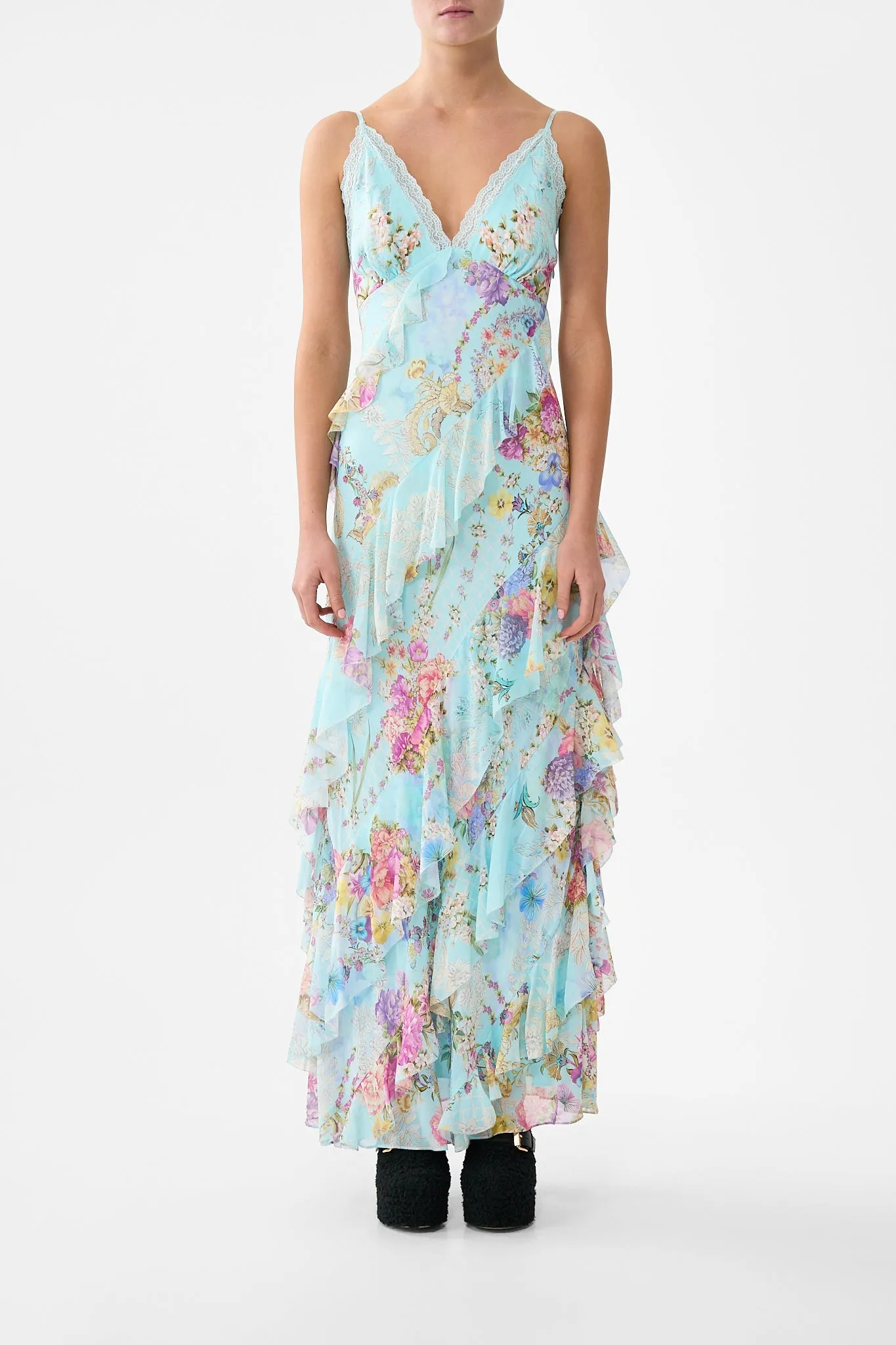 ASYMMETRICAL RUFFLE SLIP DRESS BAZAAR BLOOMS sold by Camilla