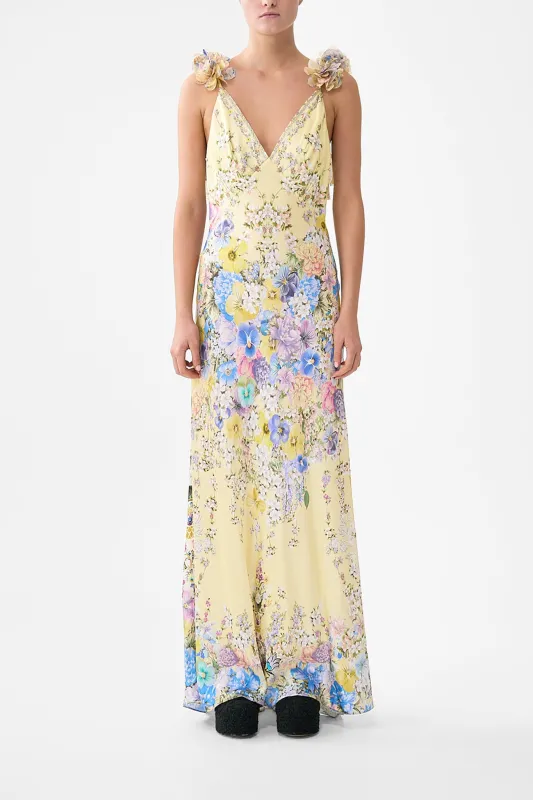 V NECK BIAS SLIP DRESS WITH BACK FRILL DARLING BUDS sold by Camilla