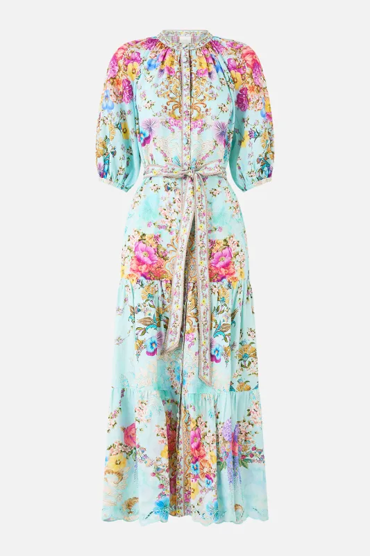 PUFF SLEEVE MIDI SHIRT DRESS WITH TIE BAZAAR BLOOMS sold by Camilla