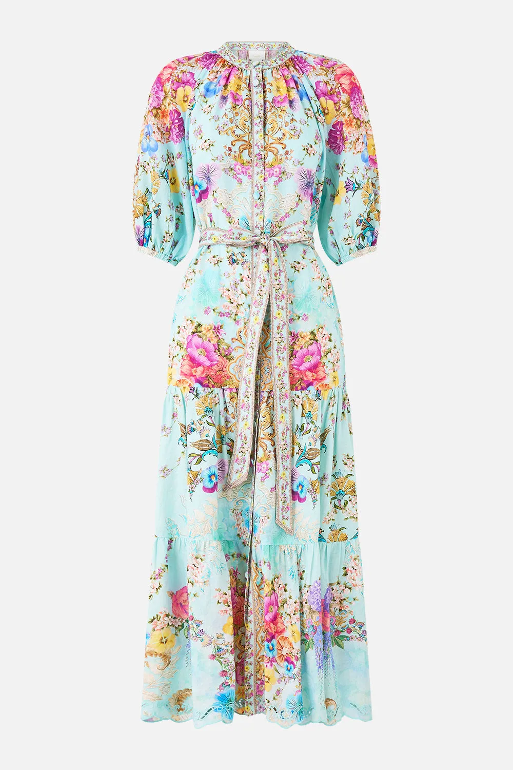 PUFF SLEEVE MIDI SHIRT DRESS WITH TIE BAZAAR BLOOMS sold by Camilla