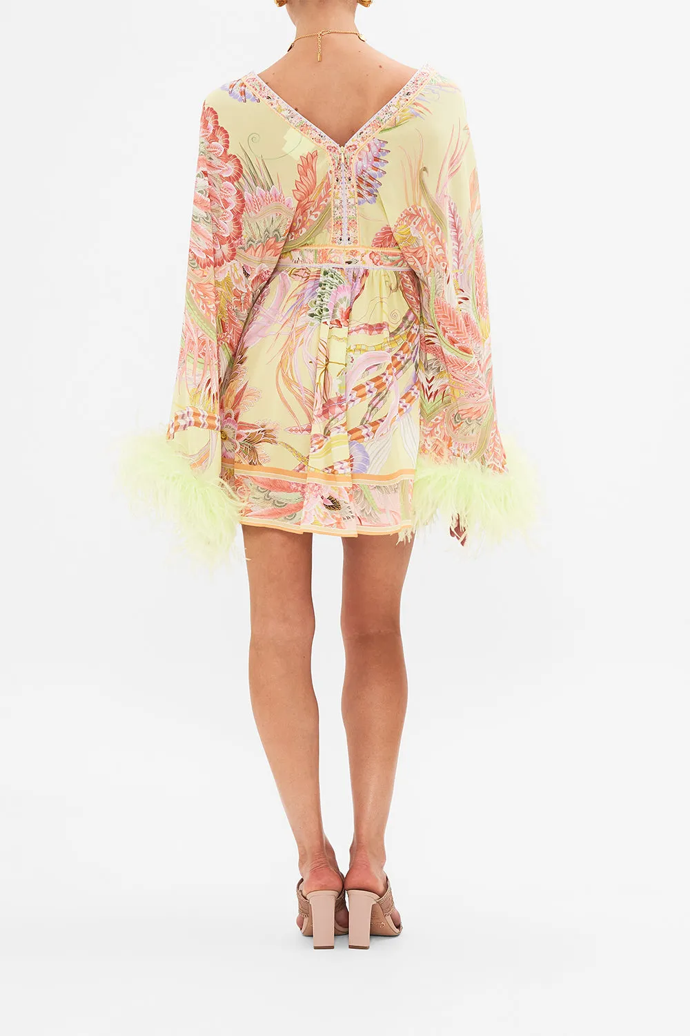 GATHERED KIMONO MINI DRESS WITH FEATHERS COSMIC TUSCAN sold by Camilla product image thumbnail 2