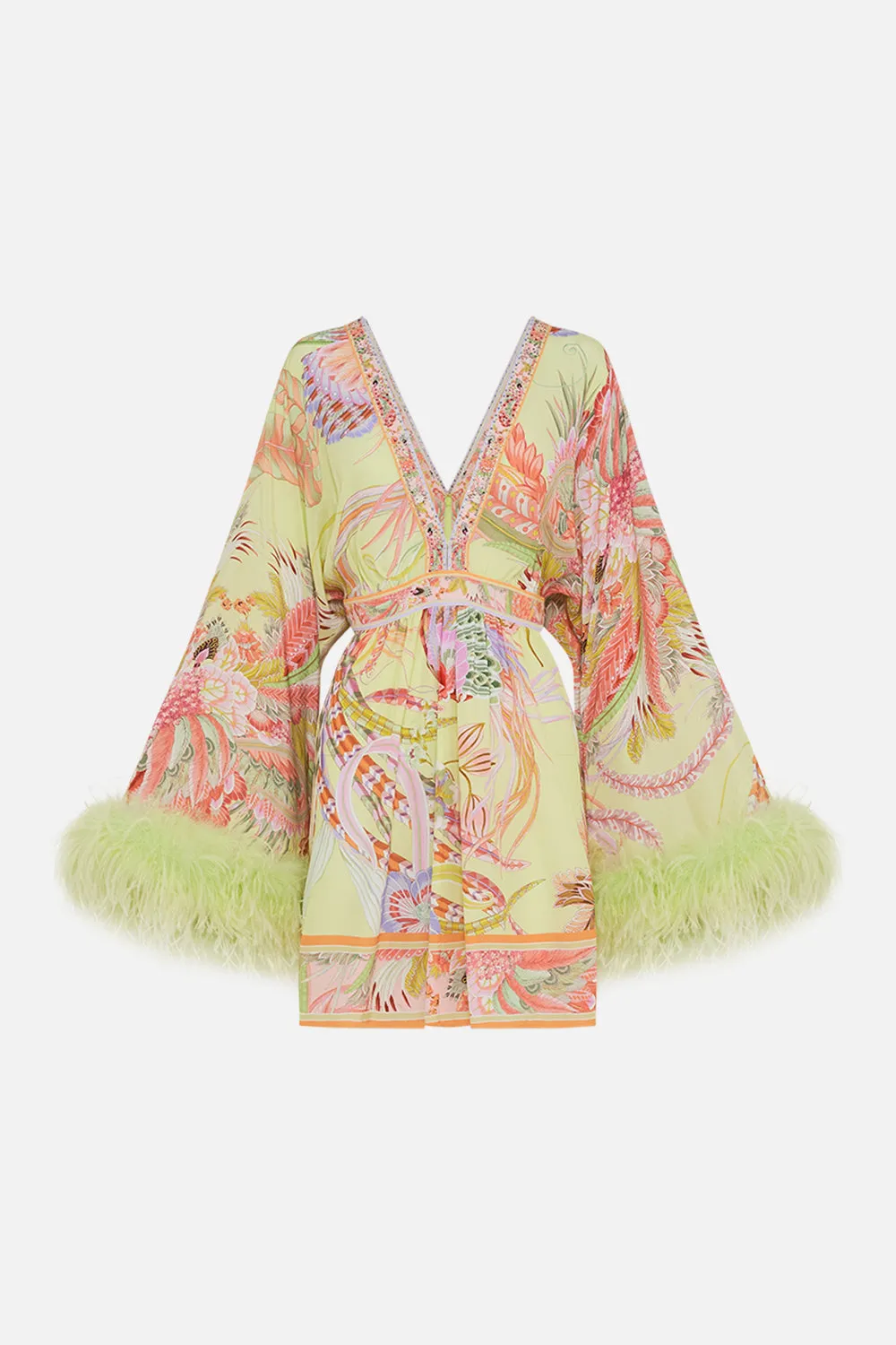 GATHERED KIMONO MINI DRESS WITH FEATHERS COSMIC TUSCAN sold by Camilla product image thumbnail 3