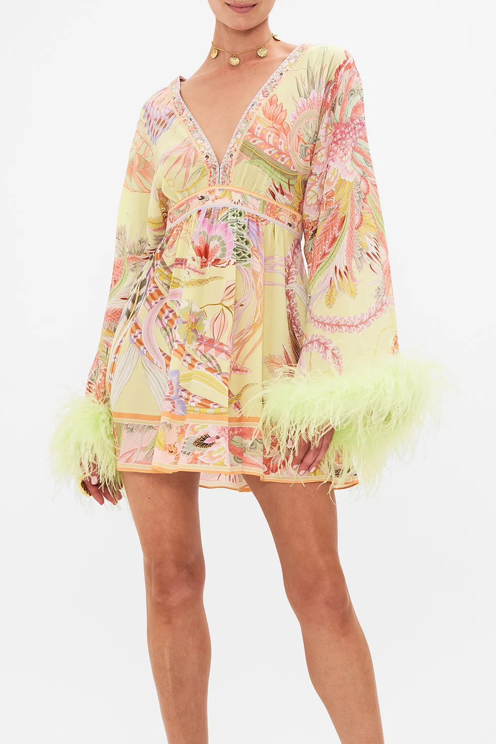 GATHERED KIMONO MINI DRESS WITH FEATHERS COSMIC TUSCAN sold by Camilla product image thumbnail 5