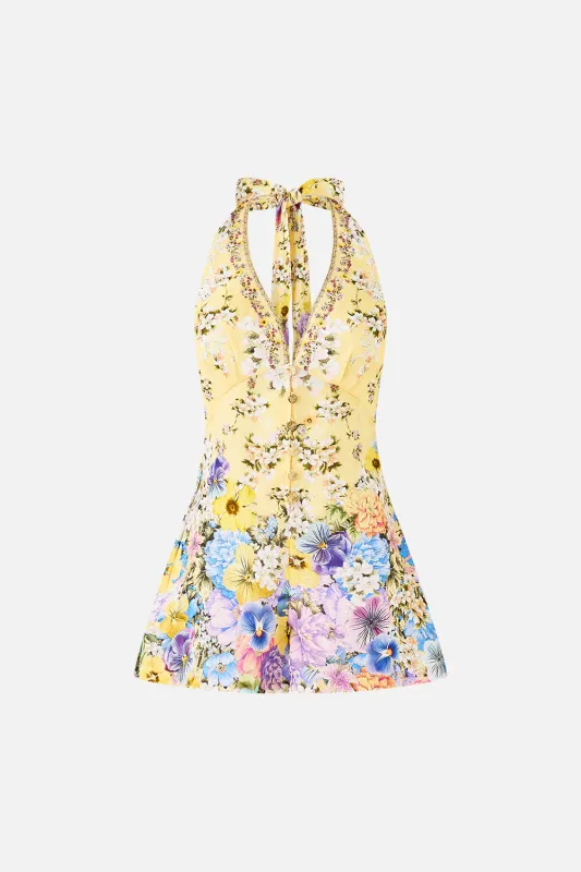 BUTTON FRONT HALTER PLAYSUIT DARLING BUDS made by Camilla