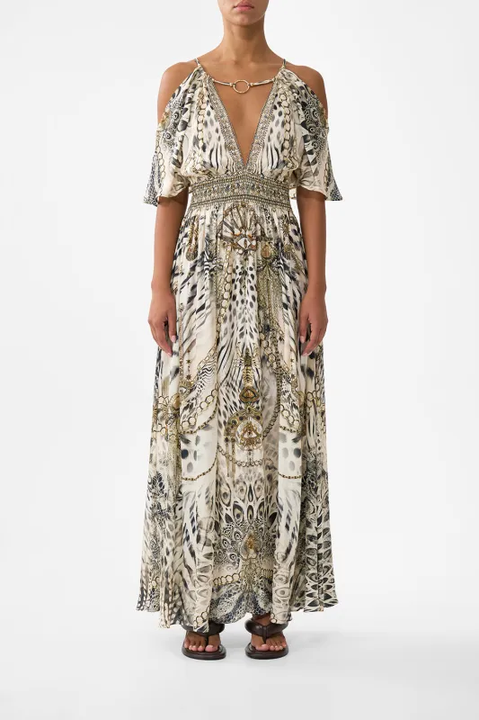 NECK CHARM SHIRRED WAIST LONG DRESS LADY LIONHEART sold by Camilla