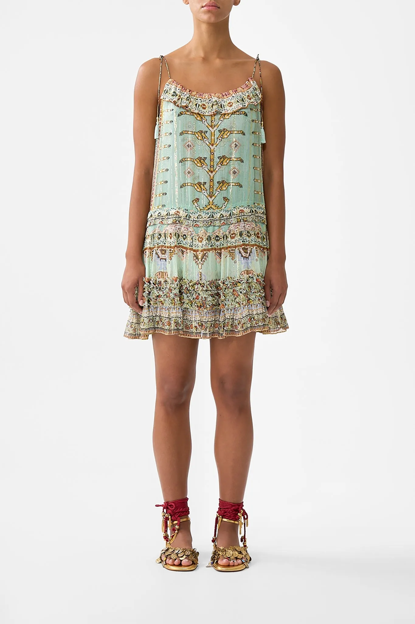 GATHERED MINI TIERED DRESS WITH FRILL DETAIL LEGEND HAS IT sold by Camilla