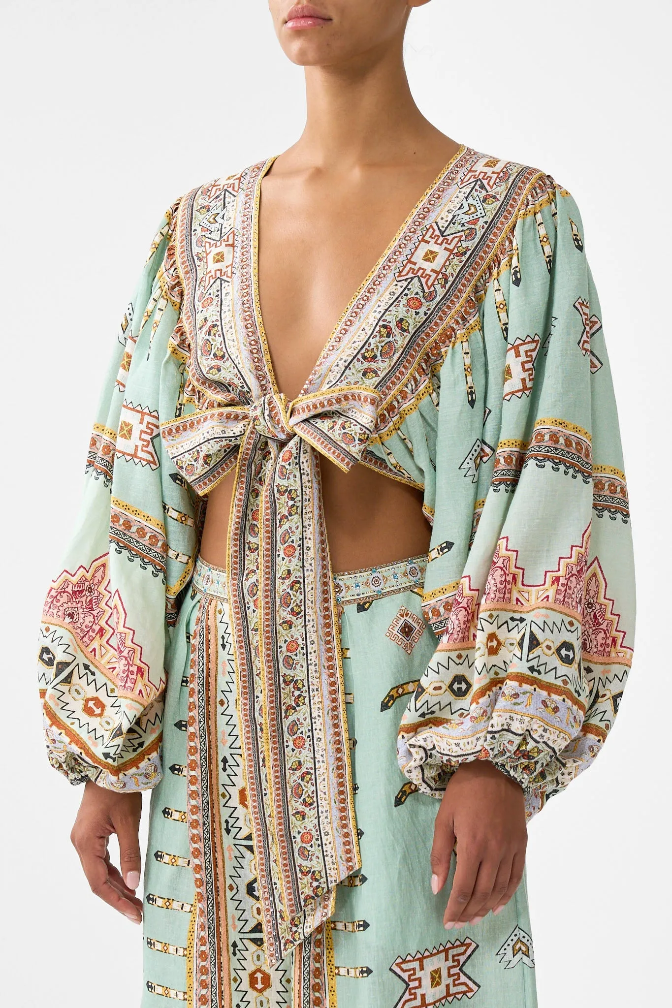 CROPPED BLOUSON SLEEVE TIE FRONT TOP LEGEND HAS IT sold by Camilla product image thumbnail 4