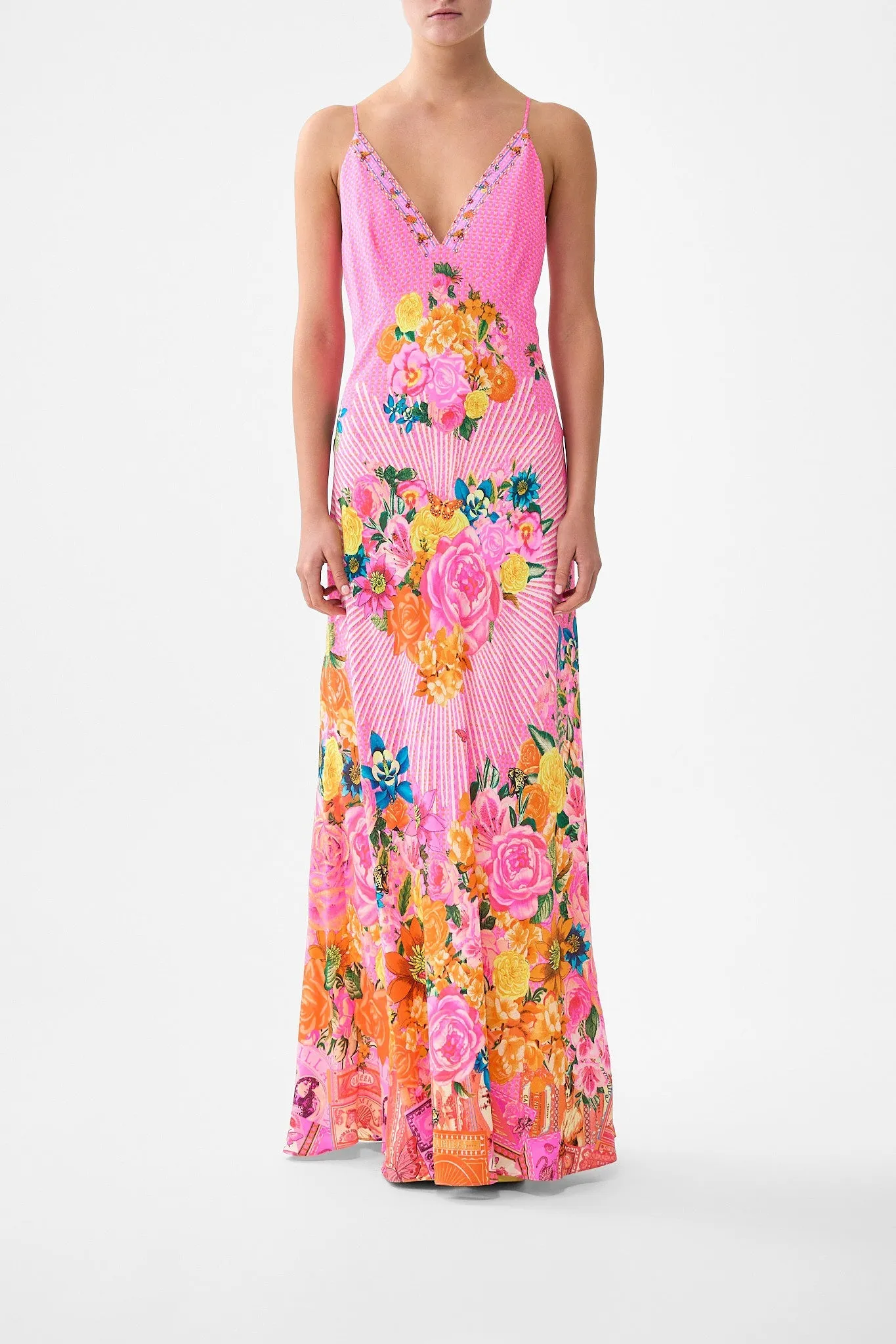 V-NECK FULL LENGTH BIAS SLIP DRESS ILLUSTRATION NATION sold by Camilla