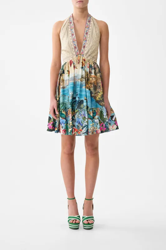 RUFFLE HEM HALTER SHORT DRESS BODRUM BOTANICALS sold by Camilla