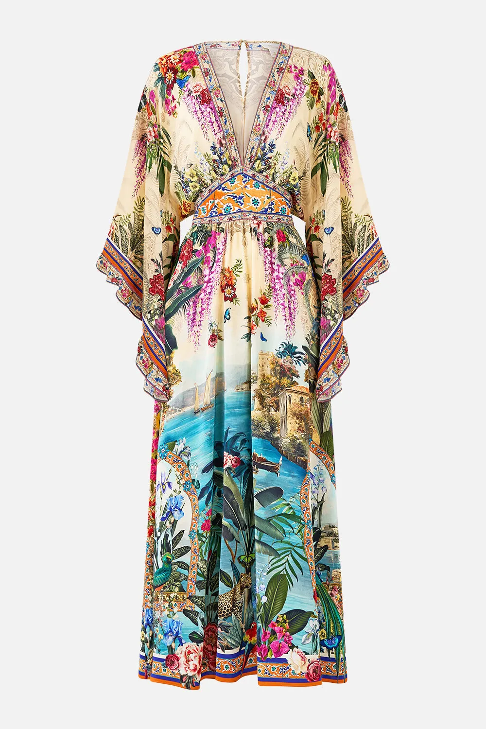 WAISTED DRESS WITH KIMONO SLEEVE BODRUM BOTANICALS sold by Camilla