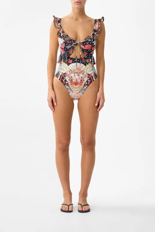 TIE FRONT ONE PIECE W FRILL NECK AND WAIST DAUGHTERS OF DUENDE sold by Camilla