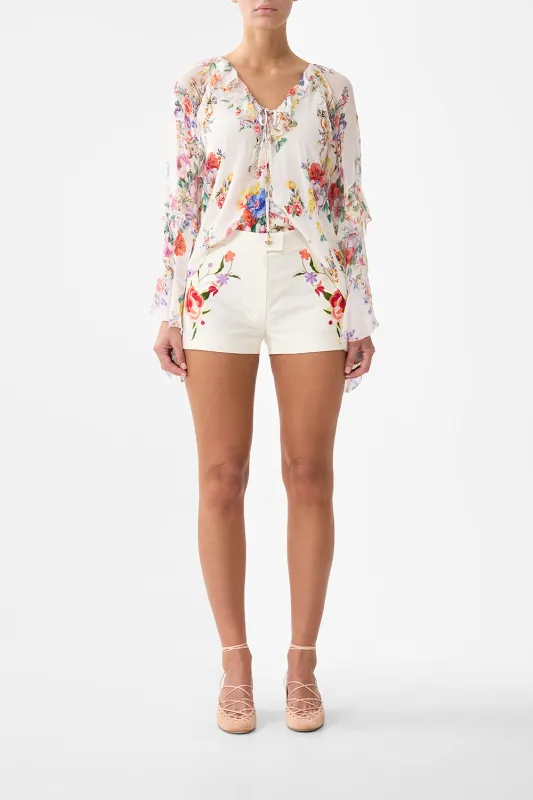 LACE UP V NECK BLOUSE WITH CASCADE RUFFLES I LEFT MY HEART IN GRANADA sold by Camilla