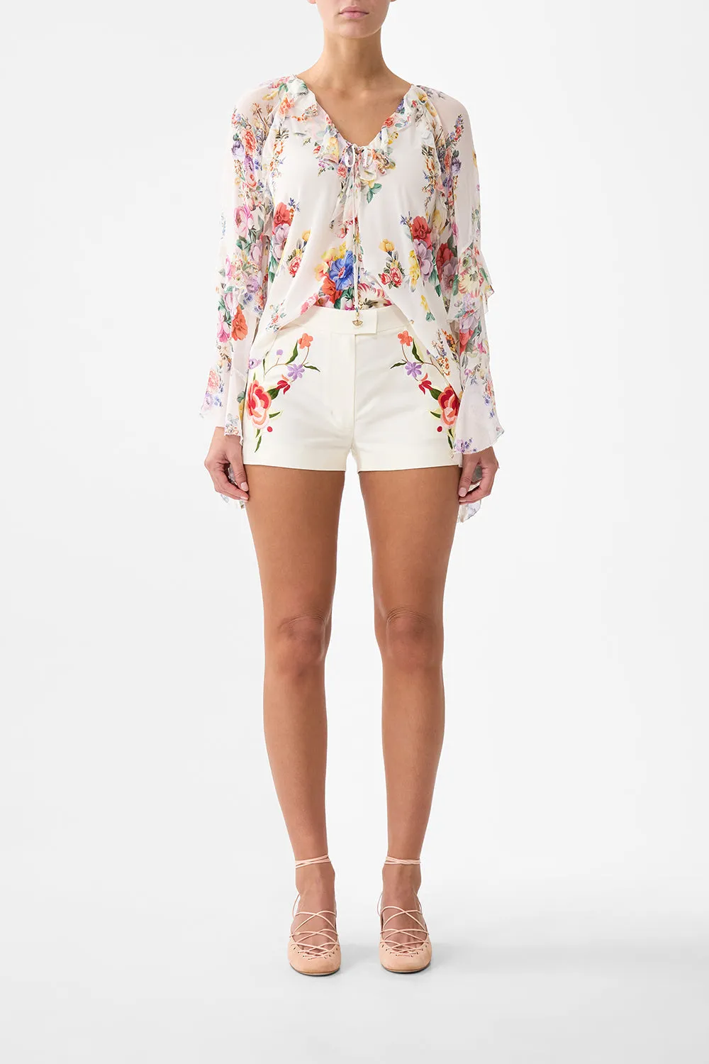 LACE UP V NECK BLOUSE WITH CASCADE RUFFLES I LEFT MY HEART IN GRANADA sold by Camilla