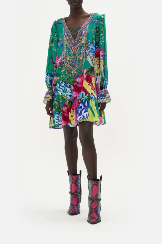 RUFFLE LACE UP DRESS RUN FROM PARADISE sold by Camilla