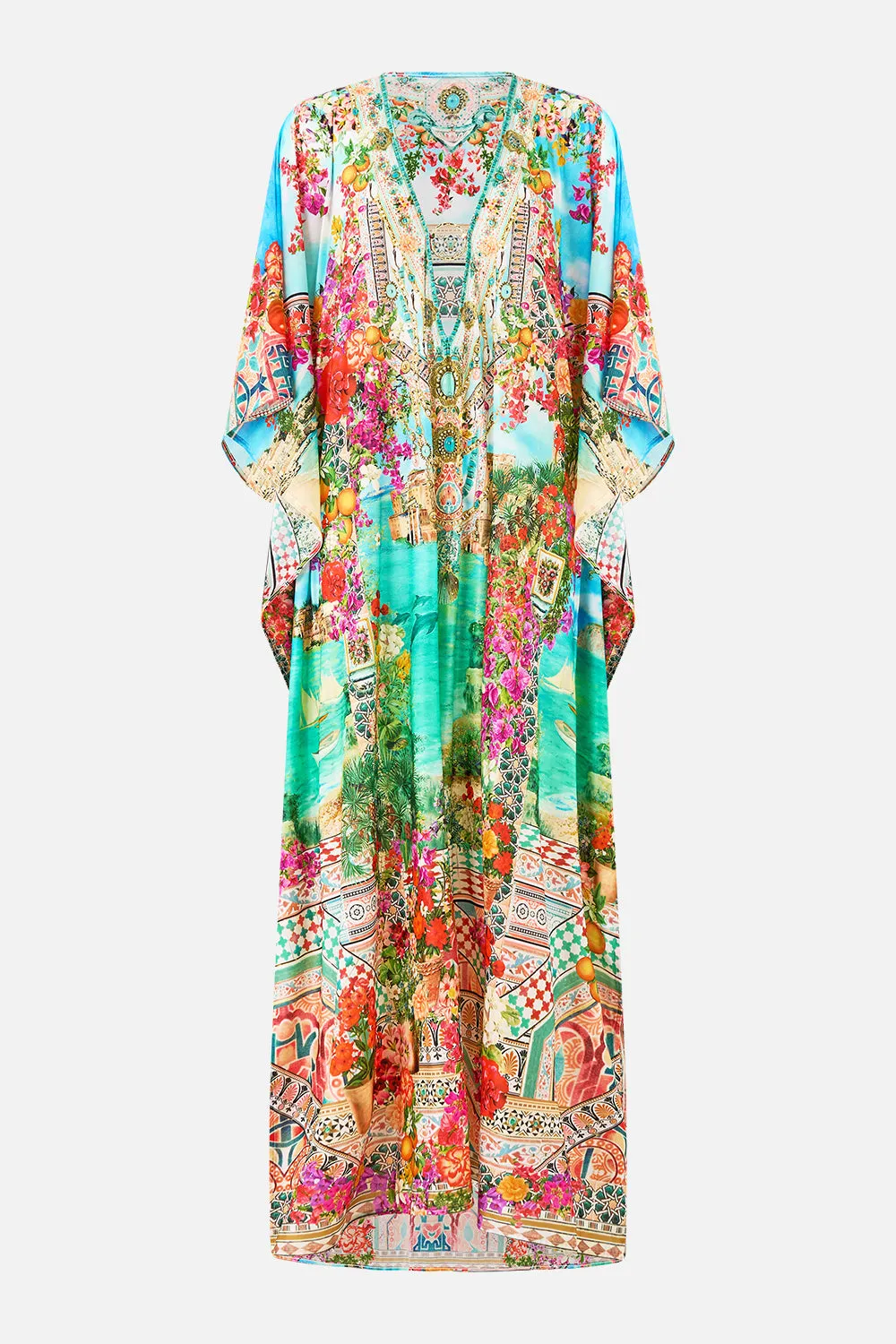 LONG V NECK KAFTAN WITH RING FRONT TRIM MEET ME IN MALLORCA sold by Camilla product image thumbnail 3