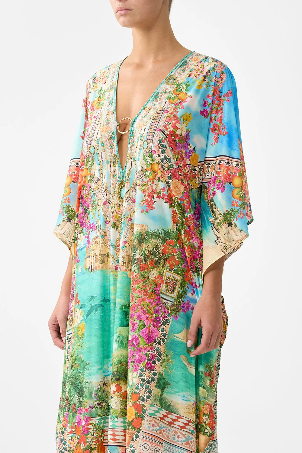 LONG V NECK KAFTAN WITH RING FRONT TRIM MEET ME IN MALLORCA sold by Camilla product image thumbnail 5