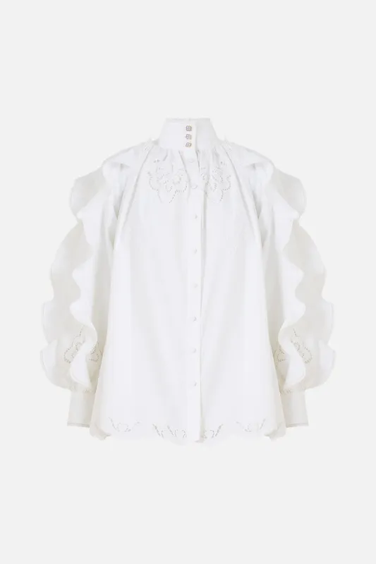 RELAXED BLOUSE WITH FRILL SLEEVE DETAIL - WHITE A TILED WONDERLAND sold by Camilla