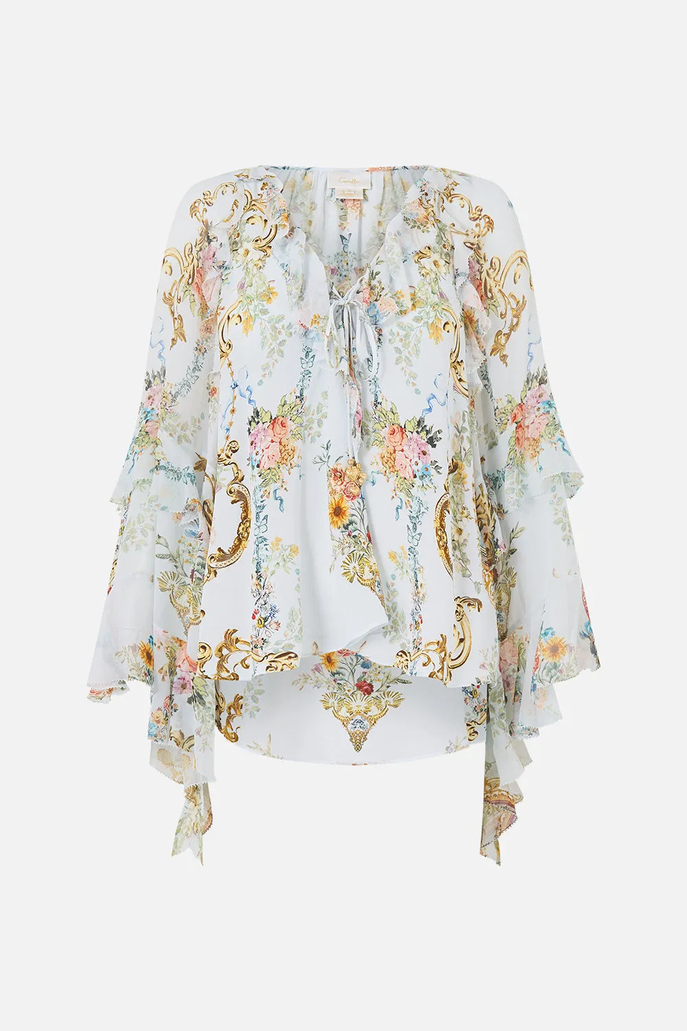 LACE UP V NECK BLOUSE WITH CASCADE RUFFLES SEVILLE SWEETHEART sold by Camilla product image thumbnail 3