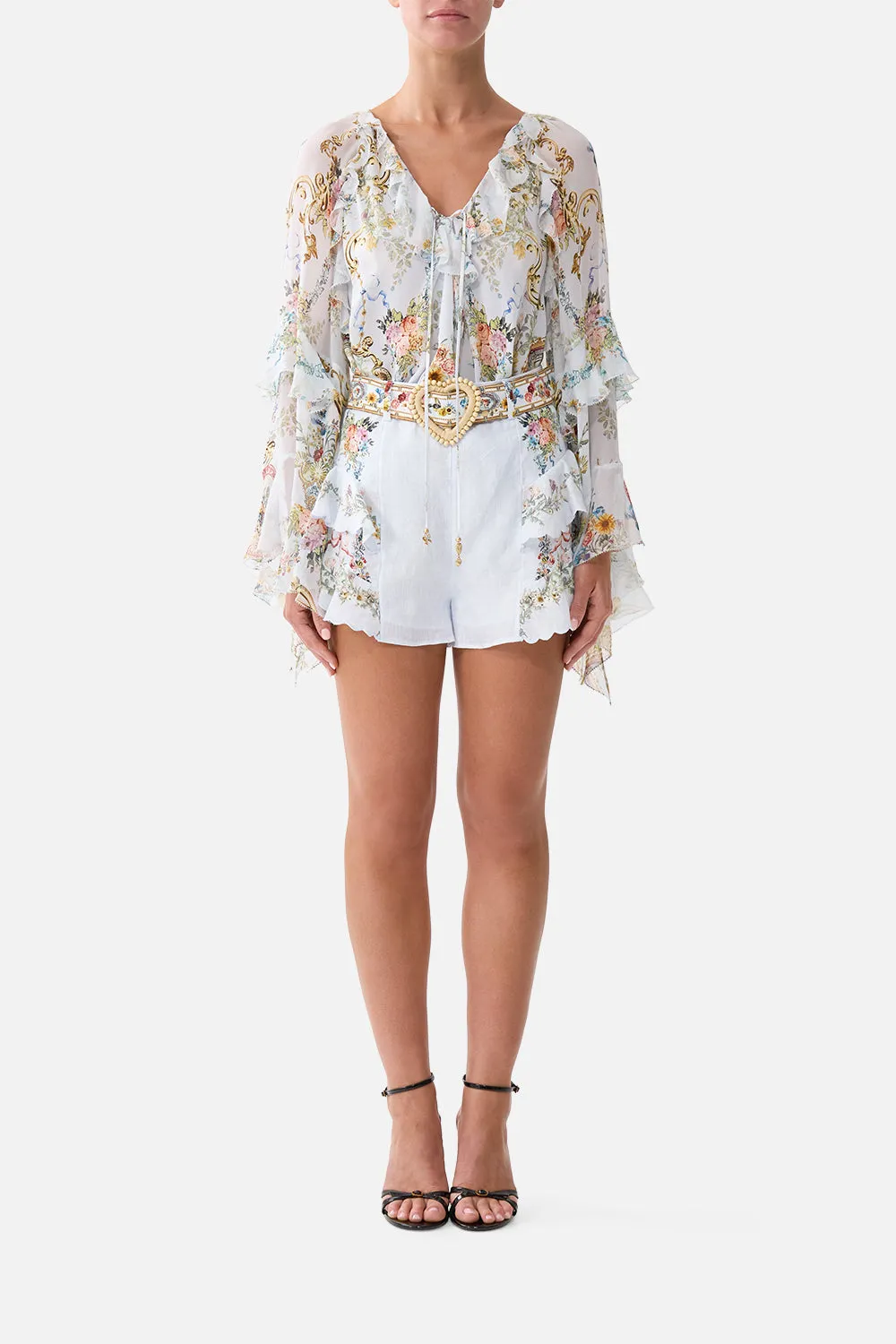 LACE UP V NECK BLOUSE WITH CASCADE RUFFLES SEVILLE SWEETHEART sold by Camilla