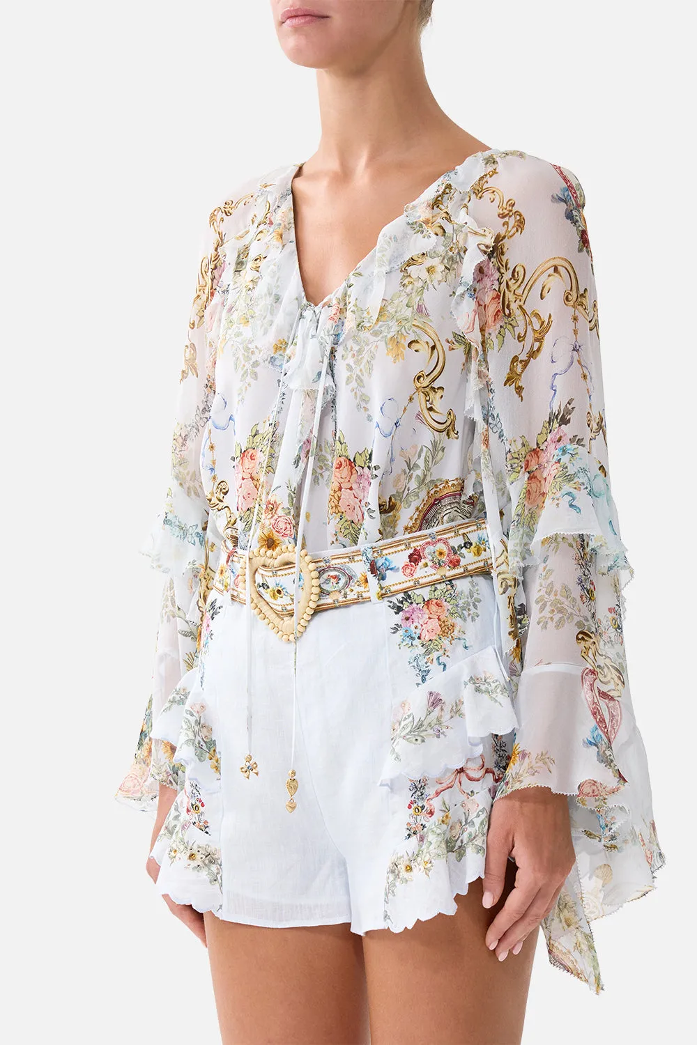 LACE UP V NECK BLOUSE WITH CASCADE RUFFLES SEVILLE SWEETHEART sold by Camilla product image thumbnail 5