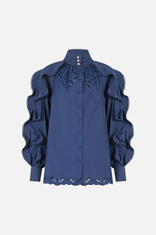 RELAXED BLOUSE WITH FRILL SLEEVE DETAIL - NAVY A TILED WONDERLAND sold by Camilla