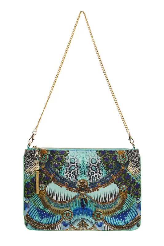 EMBELLISHED ZIP TOP CLUTCH WITH STRAP TEMPLE TEMPTRESS made by Camilla