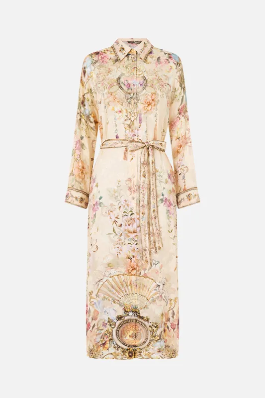 SHIRT DRESS WITH BACK BUTTON DETAIL ADORNED IN ARANJUEZ made by Camilla