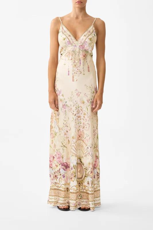 V NECK FULL LENGTH BIAS SLIP DRESS ADORNED IN ARANJUEZ made by Camilla