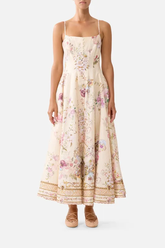 CORSET DRESS WITH LONG FLARED SKIRT ADORNED IN ARANJUEZ made by Camilla