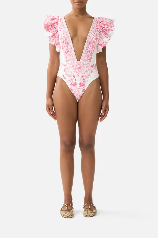 PLUNGE ONE PIECE W PLEATED RUFFLE SLEEVES LIVIN LA VIDA ROSA made by Camilla