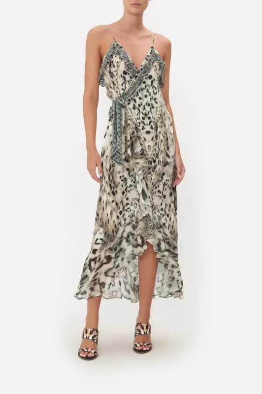 LONG WRAP DRESS WITH FRILL SNOW WHISPERS sold by Camilla