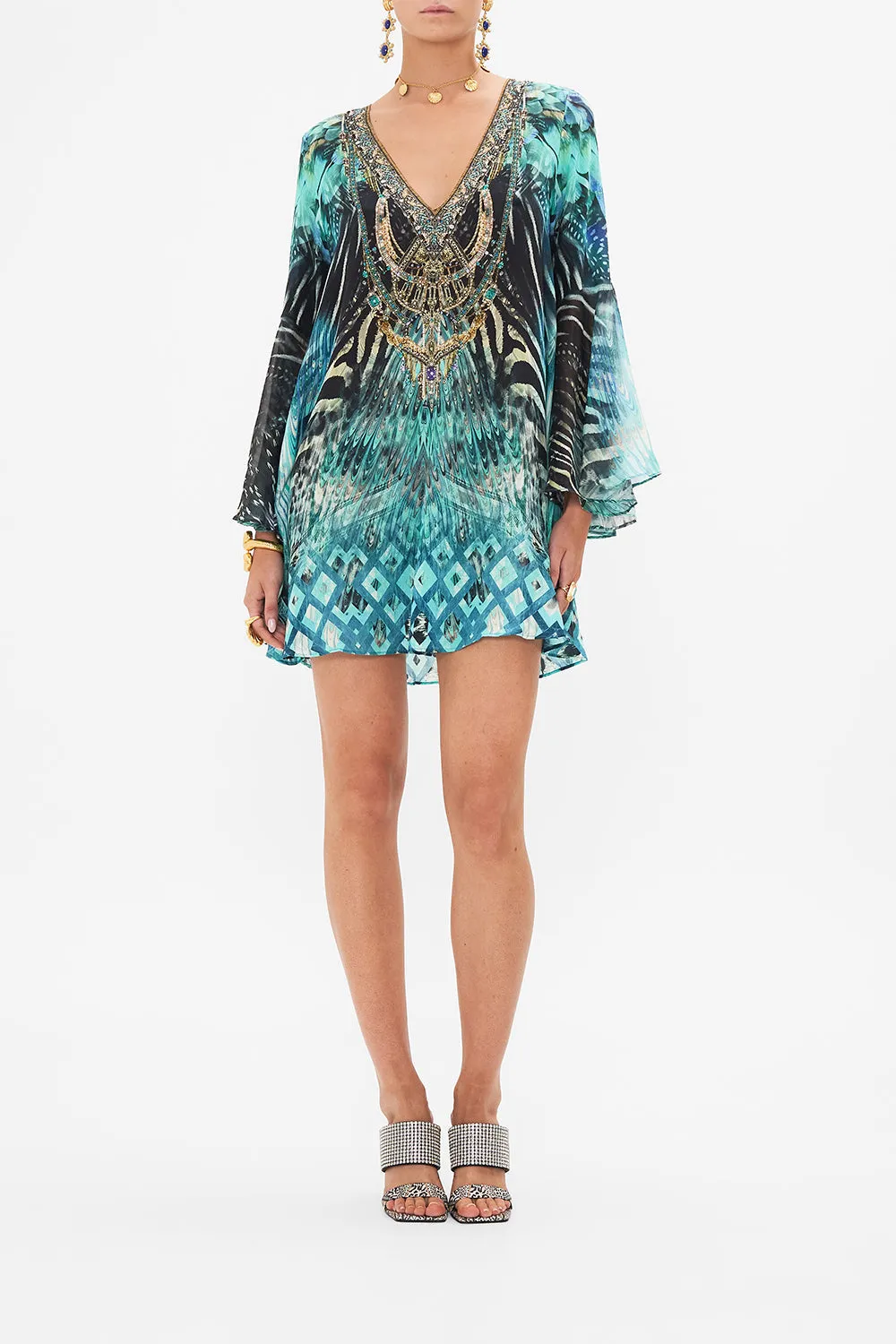 V-NECK FLARED SLEEVE MINI DRESS AZURE ALLURE sold by Camilla