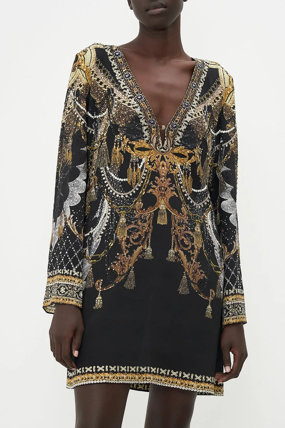 LONG SLEEVE DEEP V SHORT DRESS RAVIN RAVEN sold by Camilla product image thumbnail 5