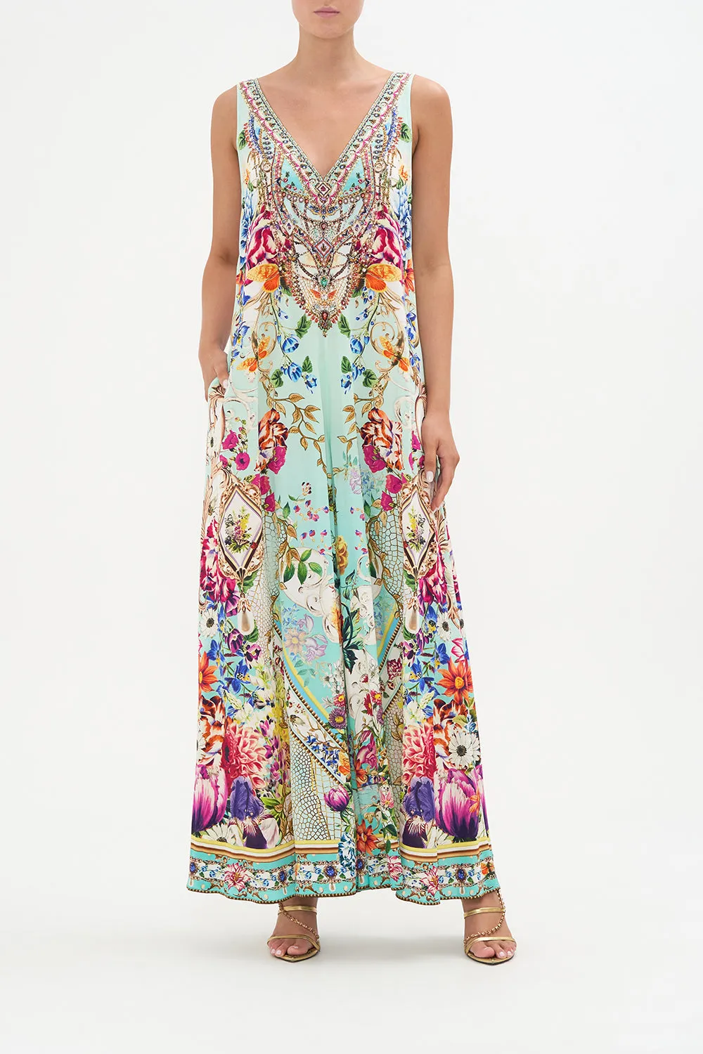 V NECK FLARED JUMPSUIT HONEY HONEY sold by Camilla