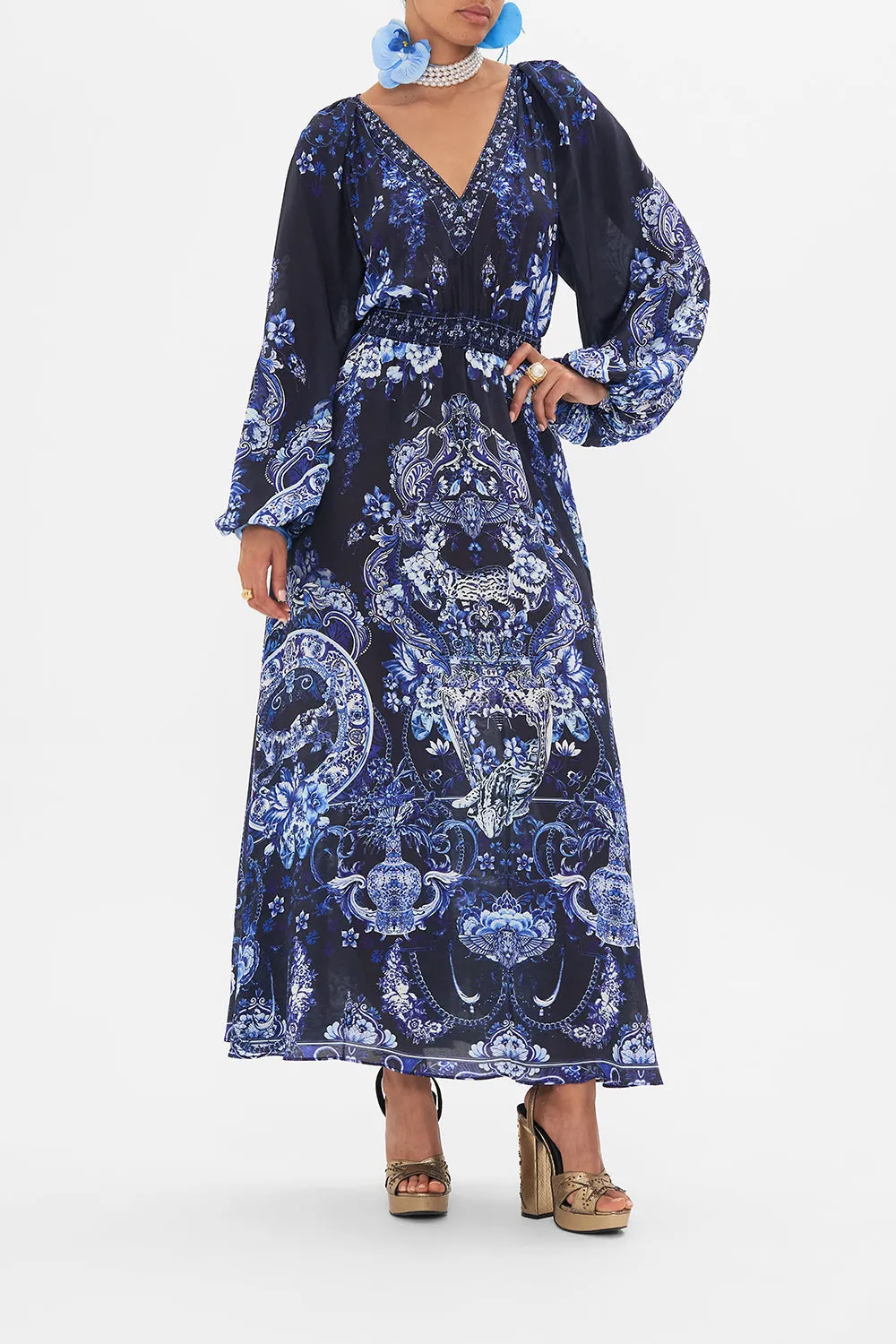 RAGLAN SHIRRED WAIST DRESS DELFT DYNASTY sold by Camilla