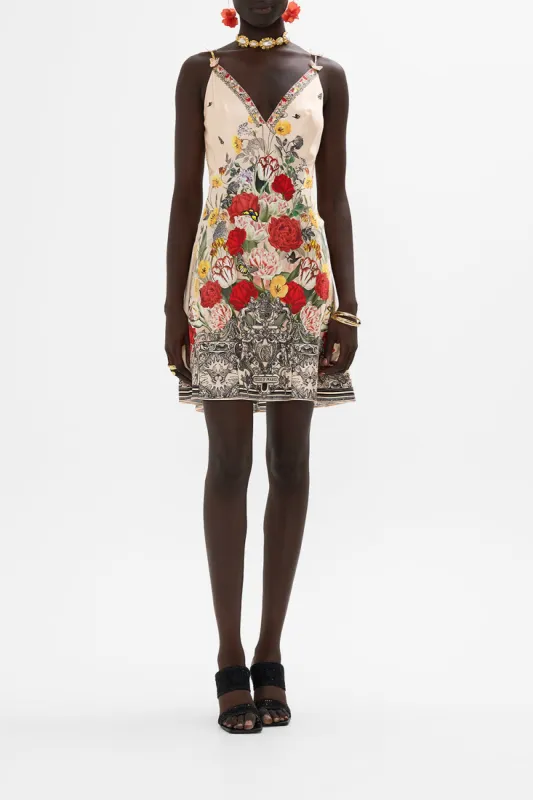 V NECK BIAS SLIP DRESS WITH BACK FRILL ETCHED INTO ETERNITY sold by Camilla