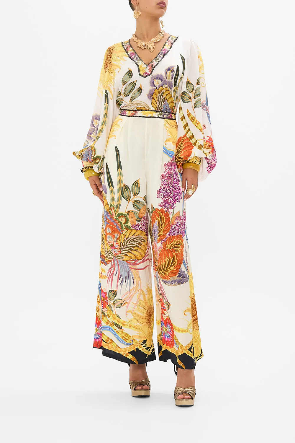 TUCK FRONT PANT SUNFLOWERS ON MY MIND sold by Camilla