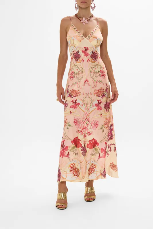 V NECK FULL LENGTH BIAS SLIP DRESS BLOSSOMS AND BRUSHSTROKES sold by Camilla