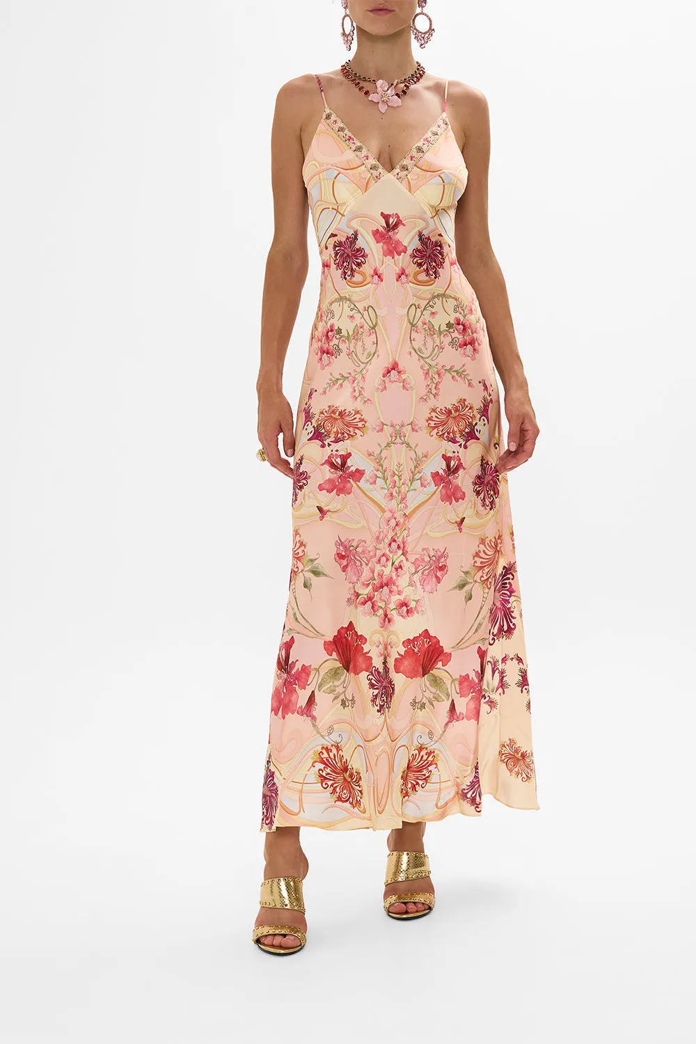 V NECK FULL LENGTH BIAS SLIP DRESS BLOSSOMS AND BRUSHSTROKES sold by Camilla