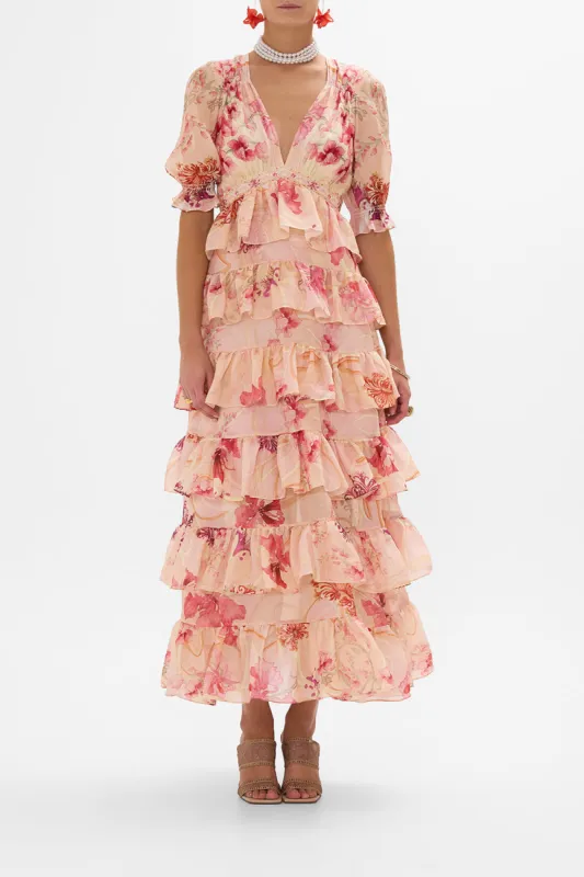 PUFF SLEEVE TIERED SKIRT LONG DRESS BLOSSOMS AND BRUSHSTROKES sold by Camilla