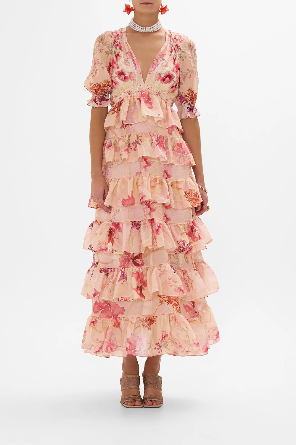 PUFF SLEEVE TIERED SKIRT LONG DRESS BLOSSOMS AND BRUSHSTROKES sold by Camilla