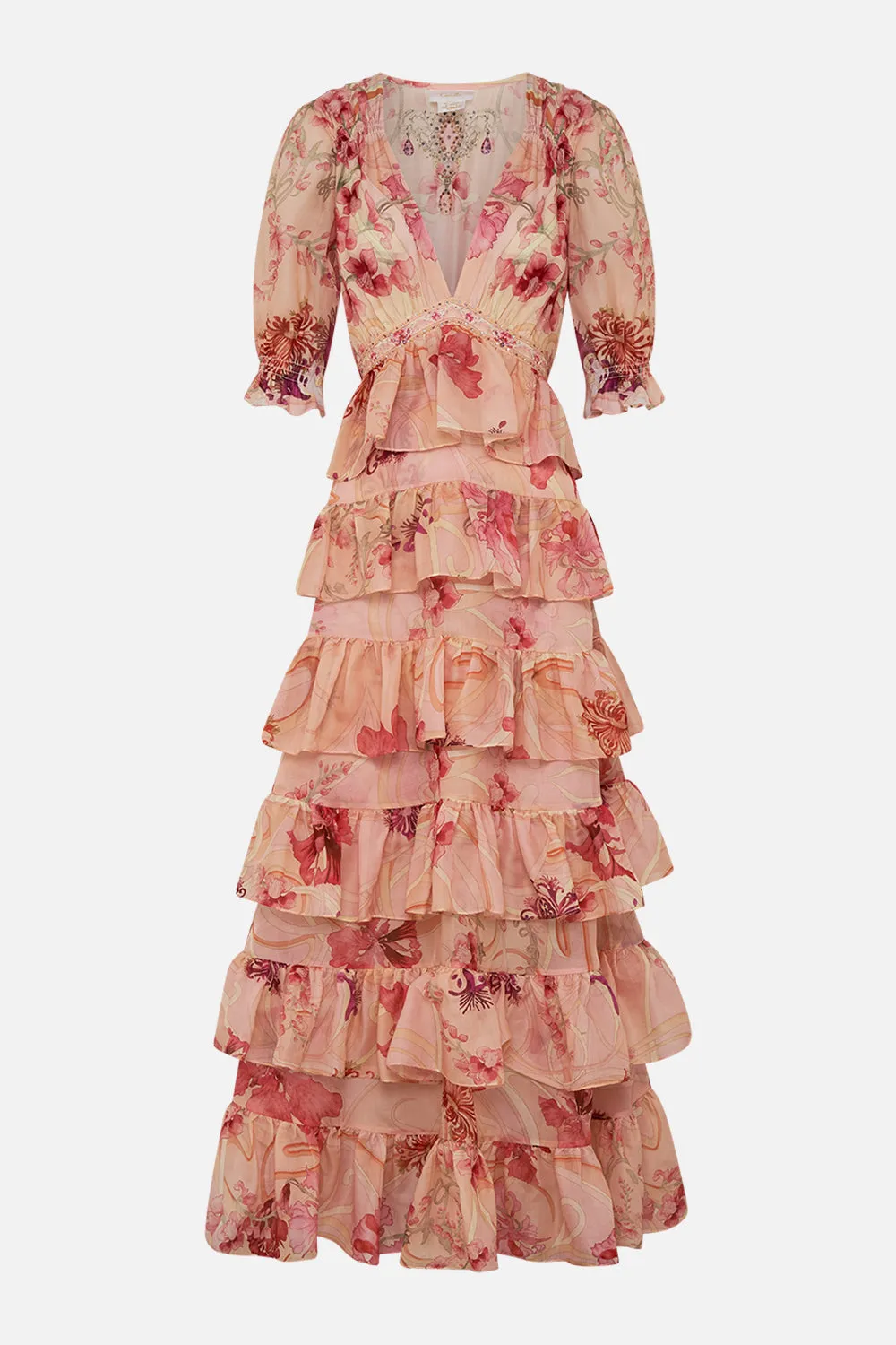 PUFF SLEEVE TIERED SKIRT LONG DRESS BLOSSOMS AND BRUSHSTROKES sold by Camilla product image thumbnail 3