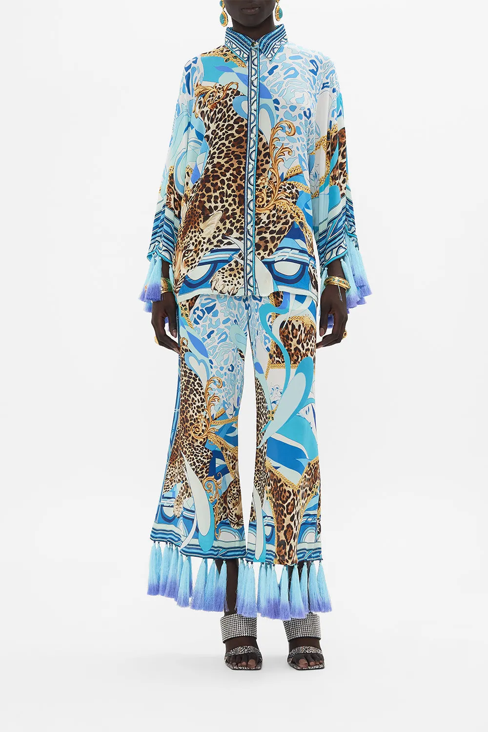 KIMONO SLEEVE BLOUSE WITH OMBRE TASSELS SKY CHEETAH sold by Camilla
