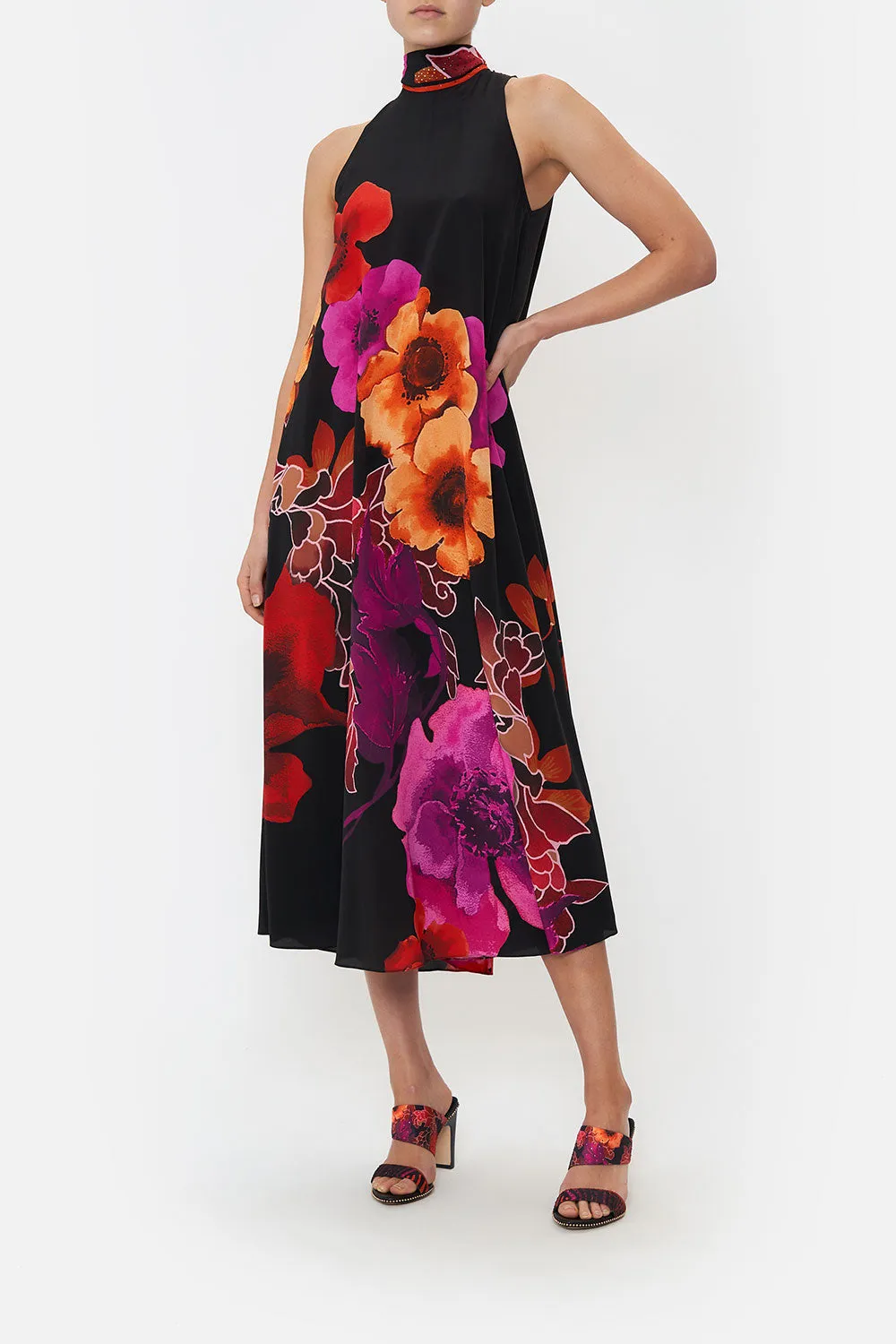 HIGH NECK DRESS WITH BACK NECK TIE MIDNIGHT POPPY sold by Camilla