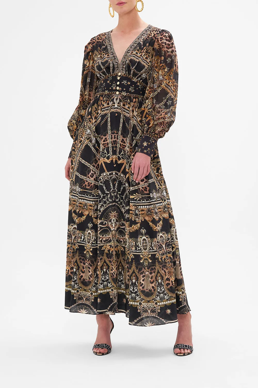 SHAPED WAISTBAND DRESS WITH GATHERED SLEEVES MASKED AT MOONLIGHT sold by Camilla