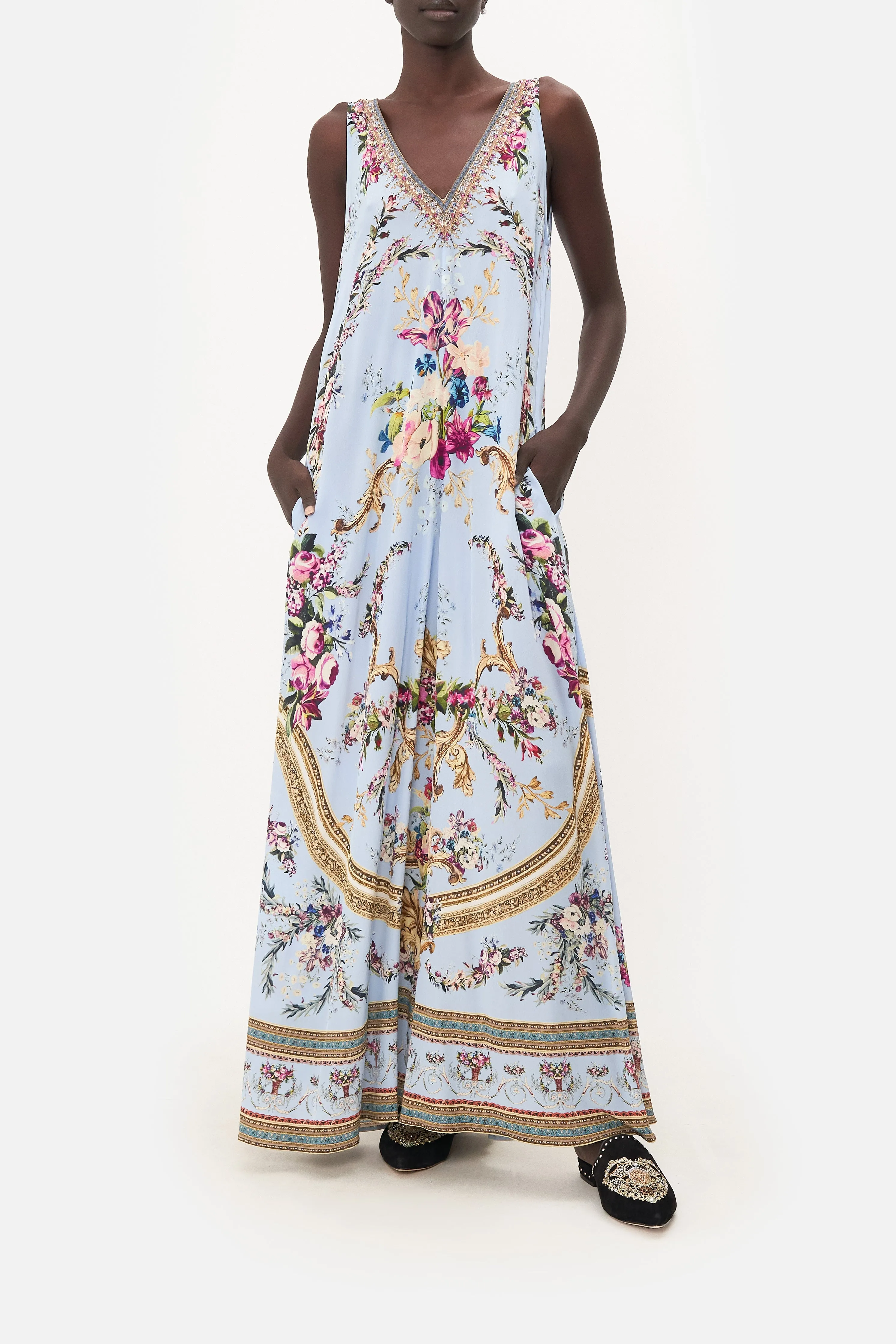 V NECK FLARED JUMPSUIT FLORAFUL sold by Camilla