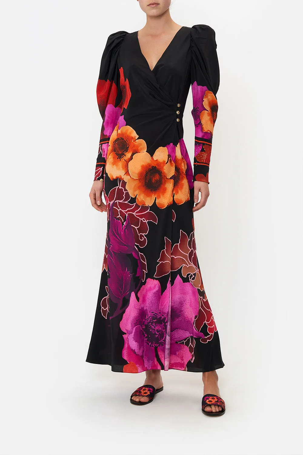WRAP DRESS WITH DRAMATIC SLEEVE MIDNIGHT POPPY sold by Camilla