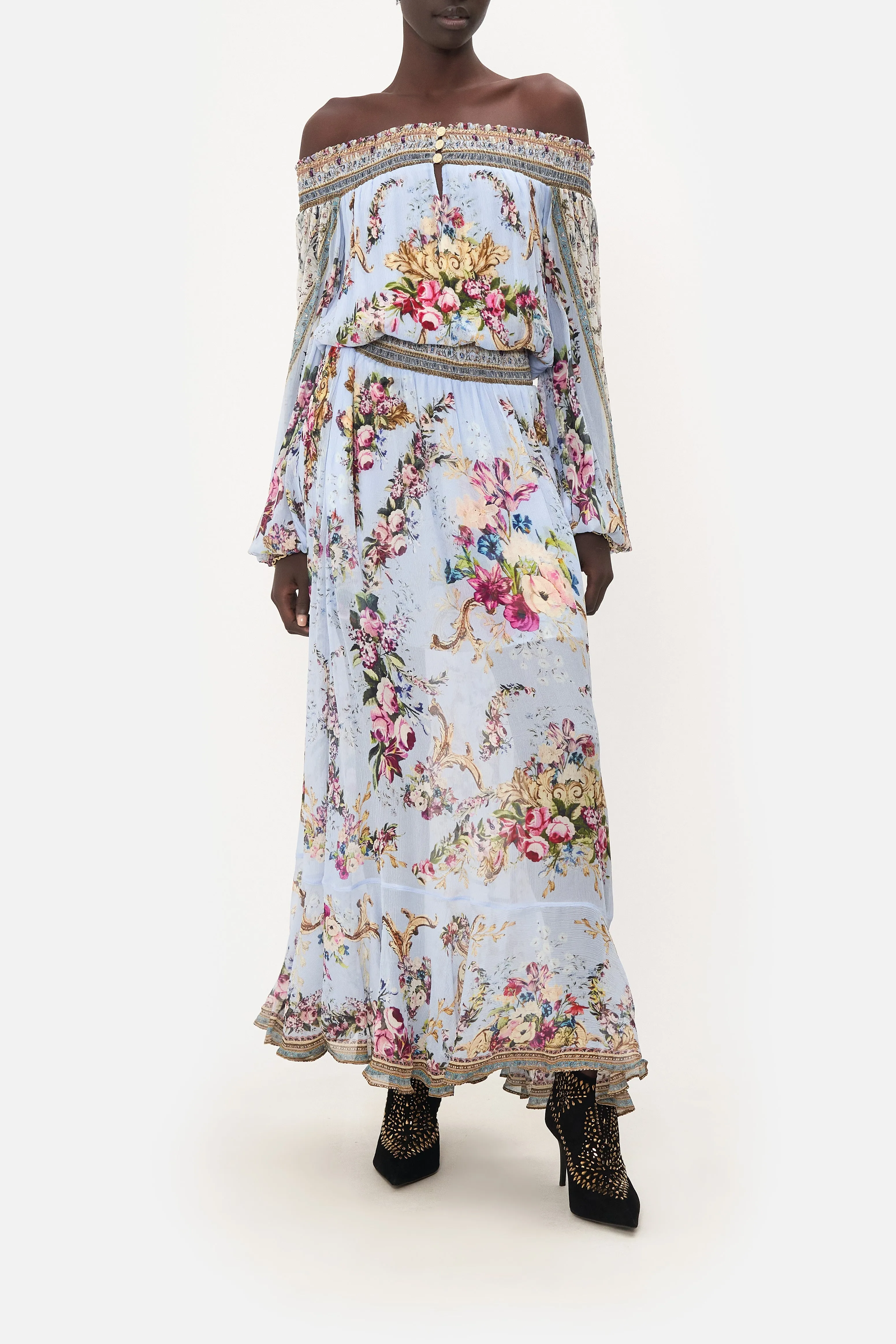 OFF SHOULDER SHIRRED DRESS FLORAFUL sold by Camilla