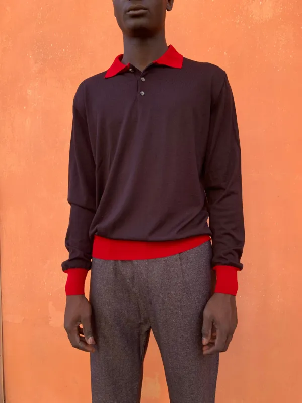 FEYSTONGAL - KNIT POLO-SHIRT - Wool Dark Purple & Red details made by Camo