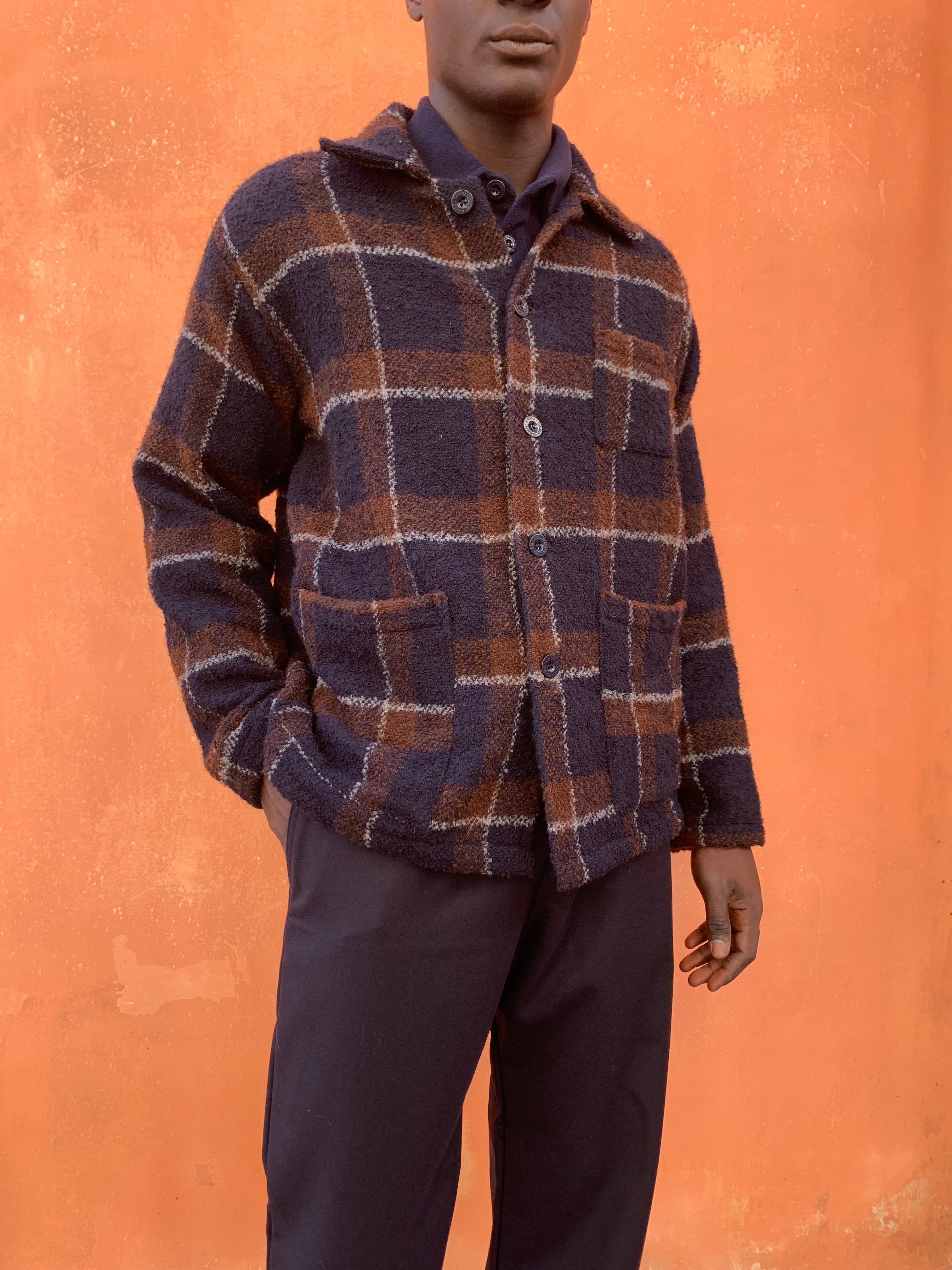 TISSERAND - AIR WIDE JACKET - Boucle' Wool Square Navy/Brown sold by Camo